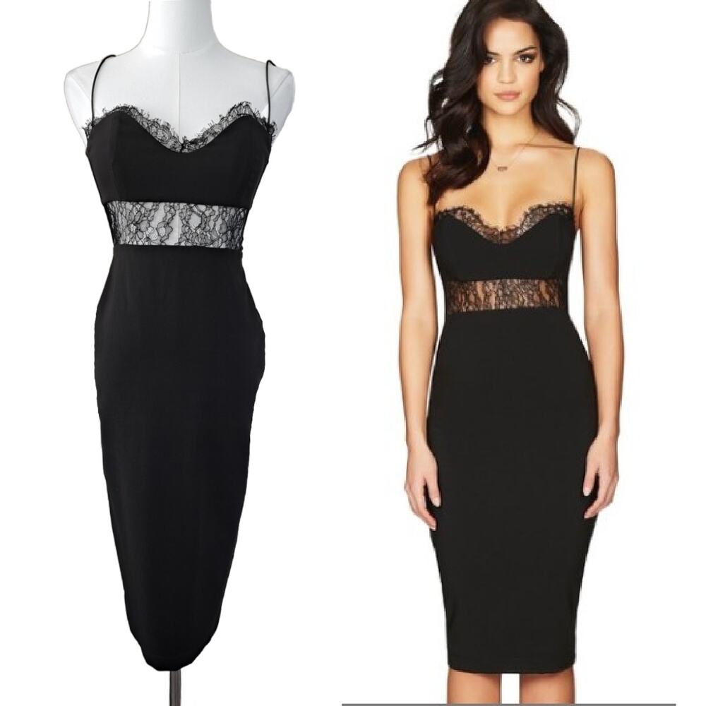 NOOKIE Chloe Lace Inset Midi Dress Small /4 Black Sexy Bodycon Sheath Sweetheart